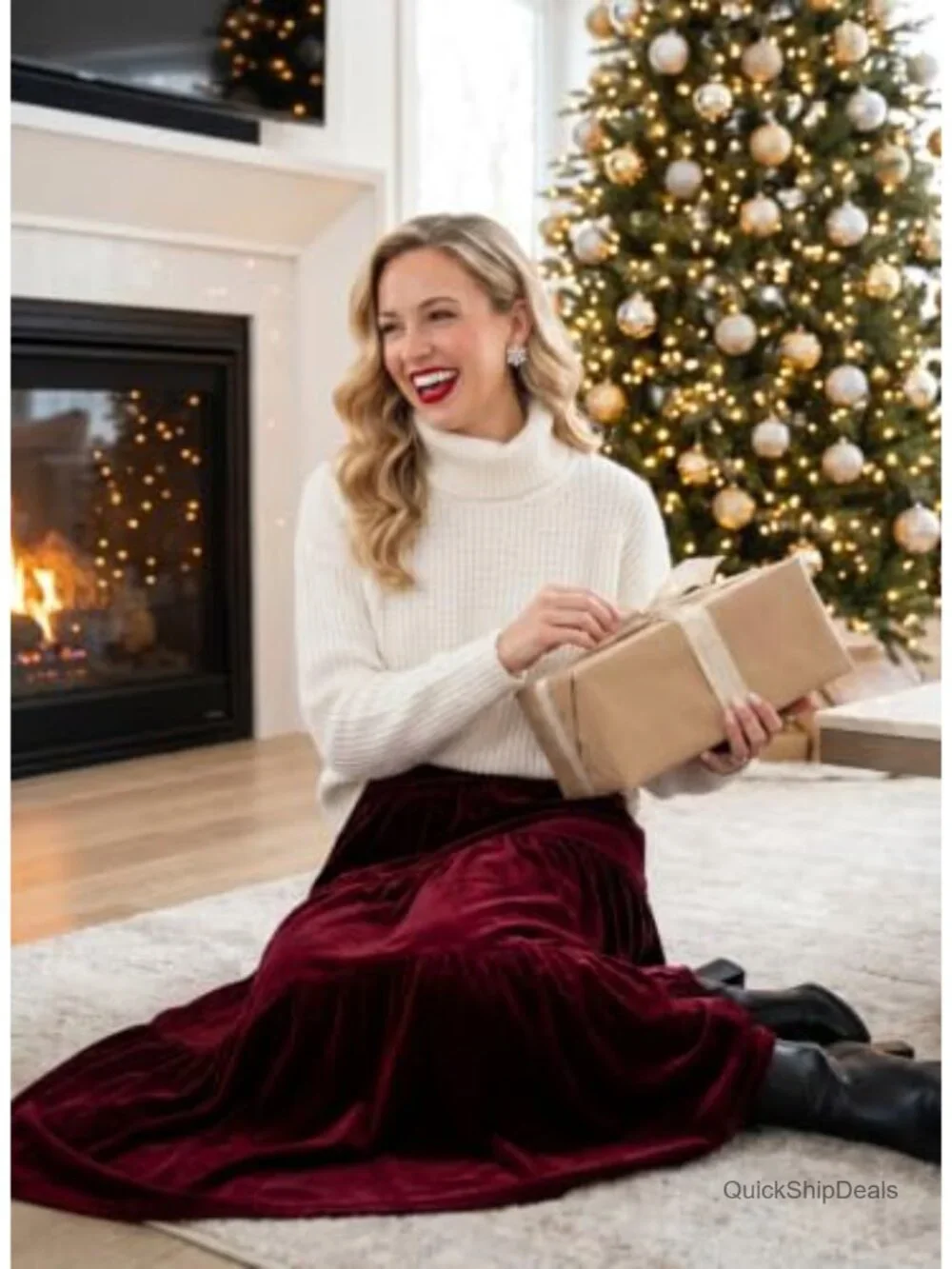 Women Velvet Maxi Skirt High Waisted A-Line Ruffled with Pockets